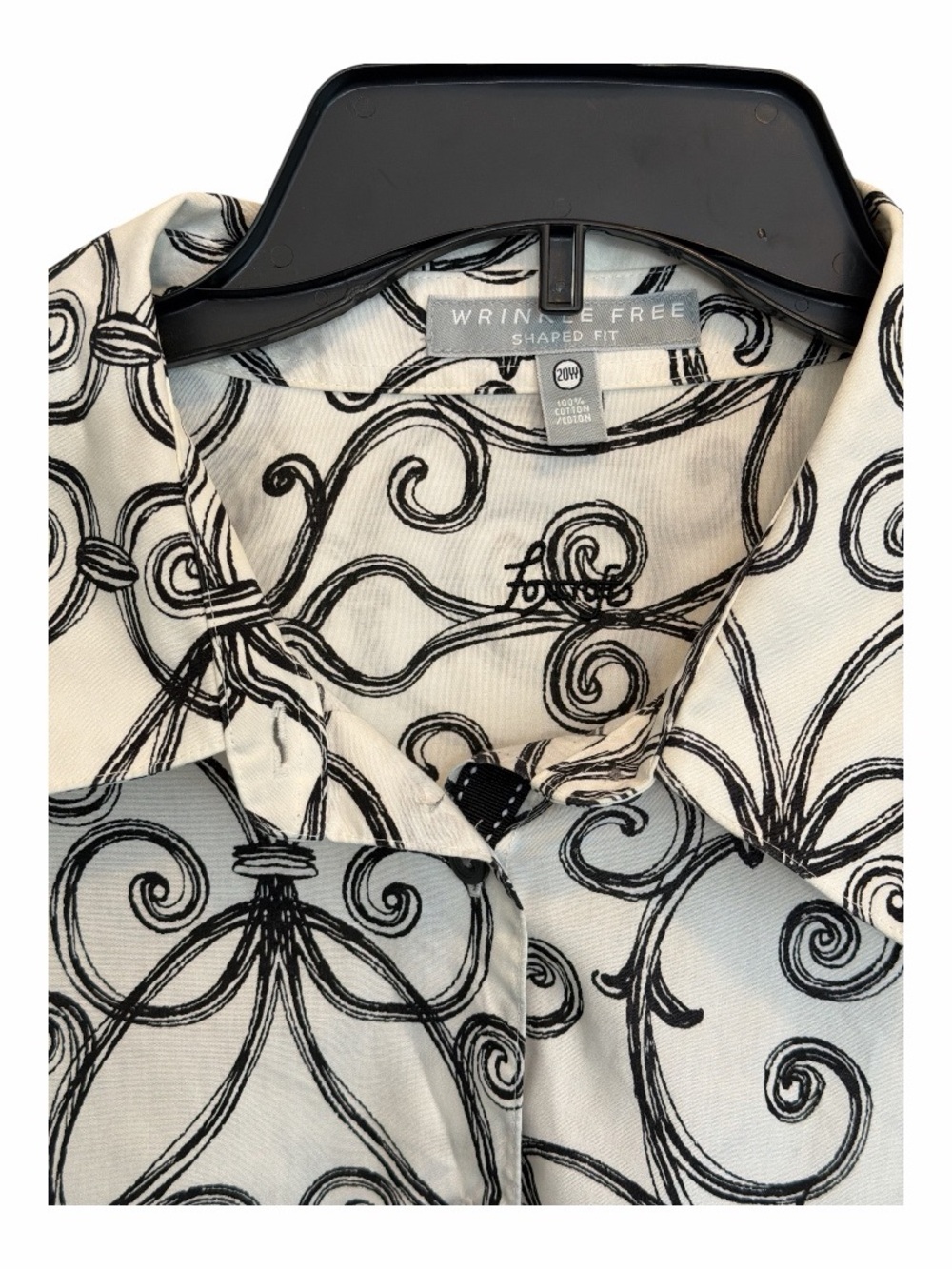 Foxcroft Wrinkle Free Scroll Print Blouse 20W Black White Career Chic Plus Size - Picture 7 of 7